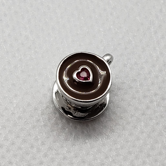 925 Sterling Silver Coffee Cup Pink Zircon Heart - Picture 7 of 8